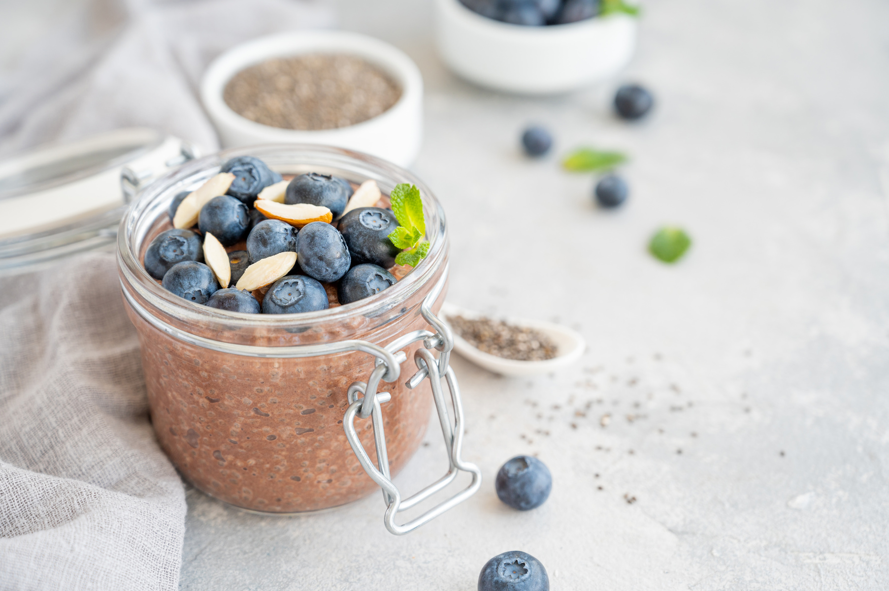 Chocolate Chia Pudding with Blueberry and Almonds